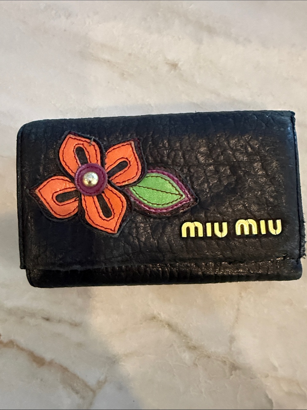 Miu Miu Black Leather Wallet with Floral Appliqué